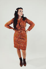 Long Sleeve orange and maroon paisley printed mini button up dress front