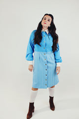 Vintage blue long sleeve button up midi dress front