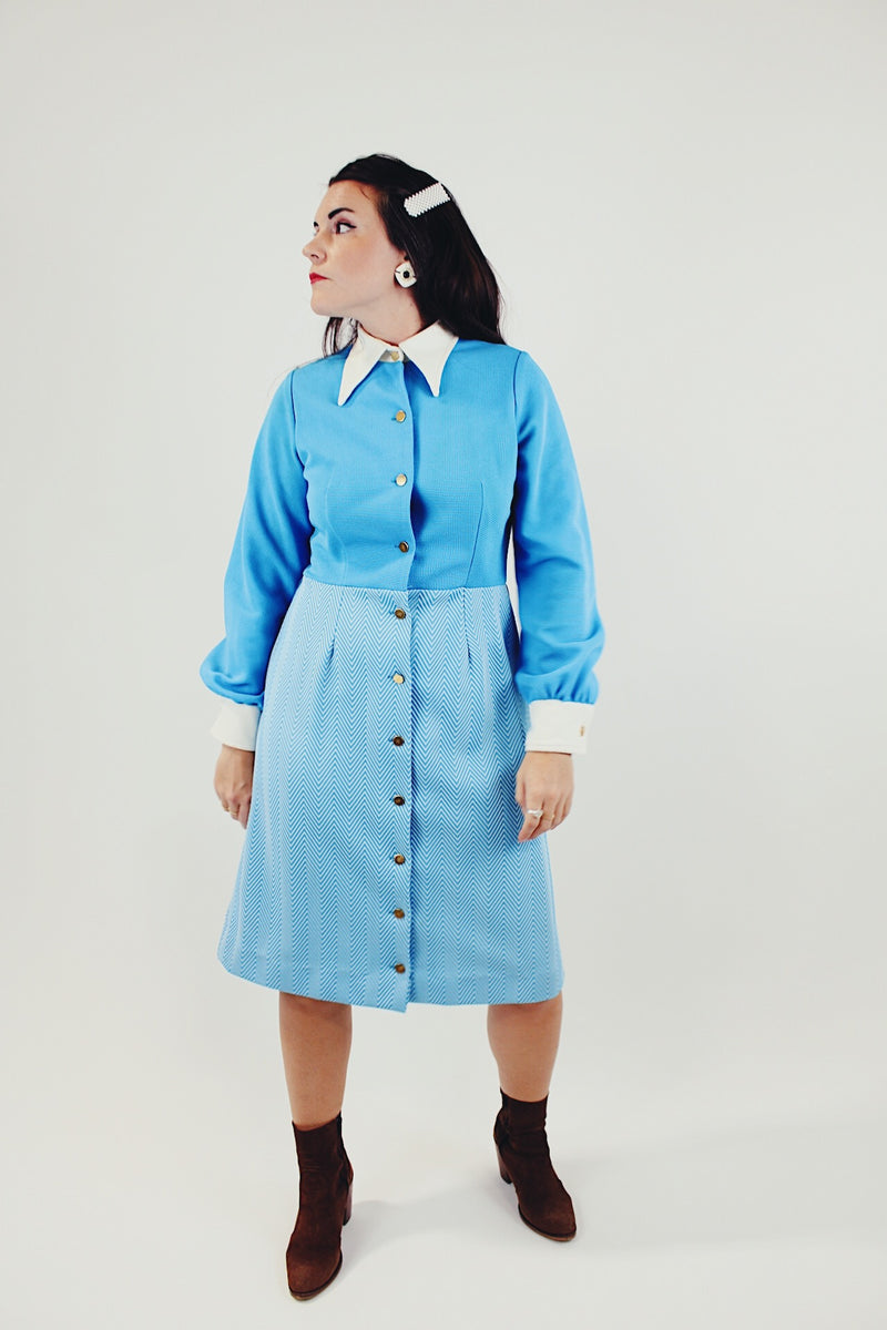 Vintage blue long sleeve button up midi dress front