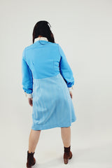 Vintage blue long sleeve button up midi dress back