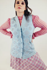 Vintage baby blue button up vest with suede paneling front
