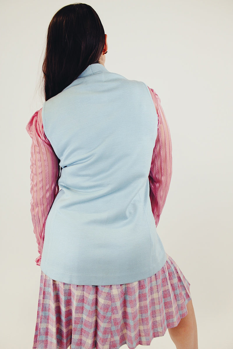 Vintage baby blue button up vest with suede paneling  back