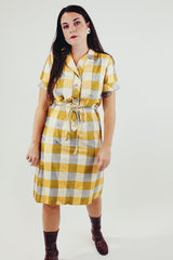 vintage 1950's silk shirt dress short sleeves knee length yellow, grey, and cream checkered print front