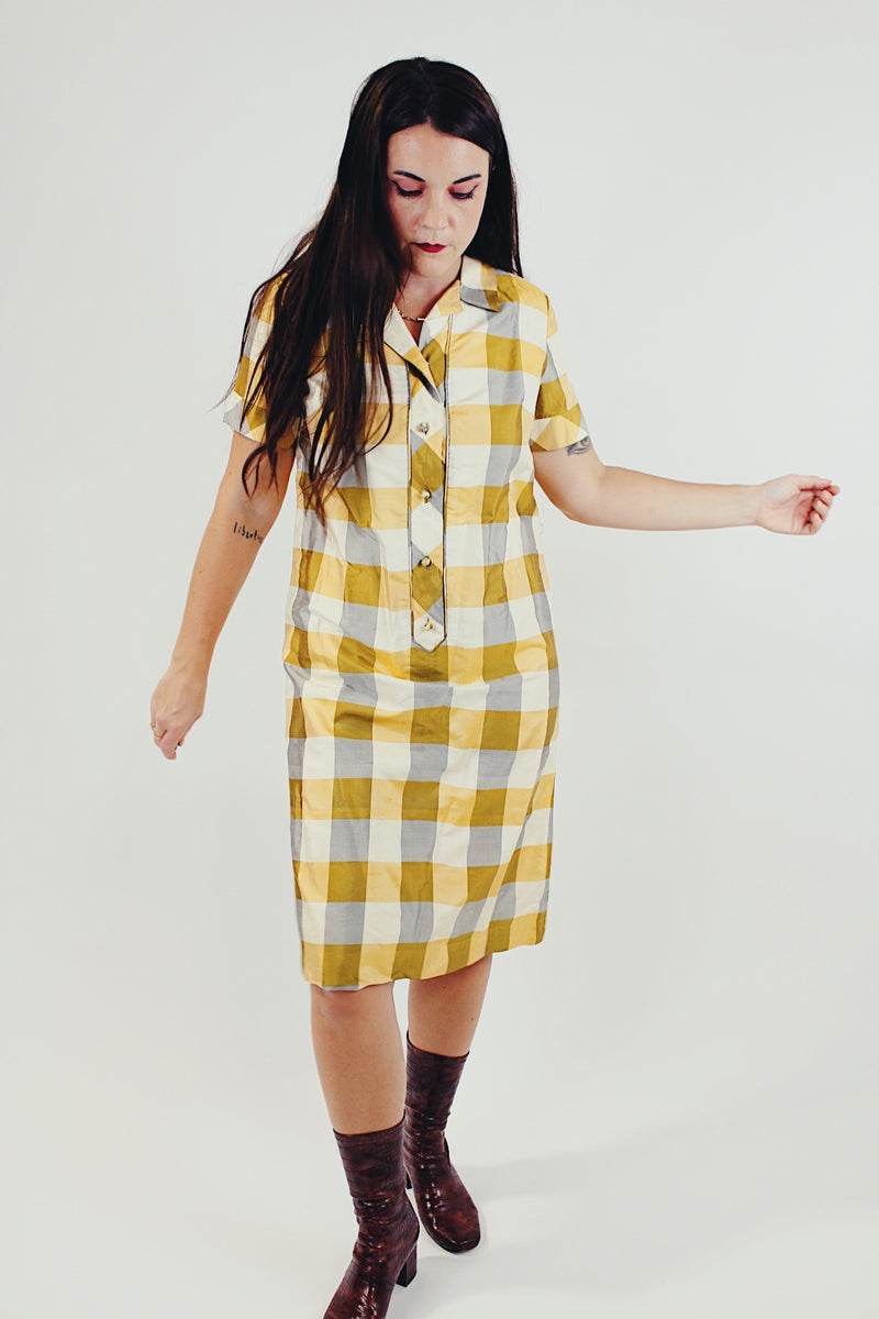 vintage 1950's silk shirt dress short sleeves knee length yellow, grey, and cream checkered print front
