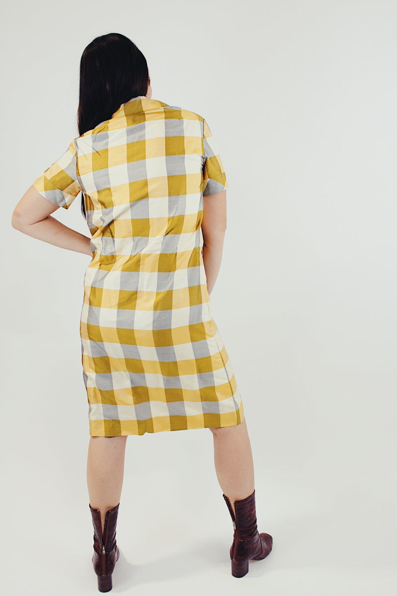 vintage 1950's silk shirt dress short sleeves knee length yellow, grey, and cream checkered print back