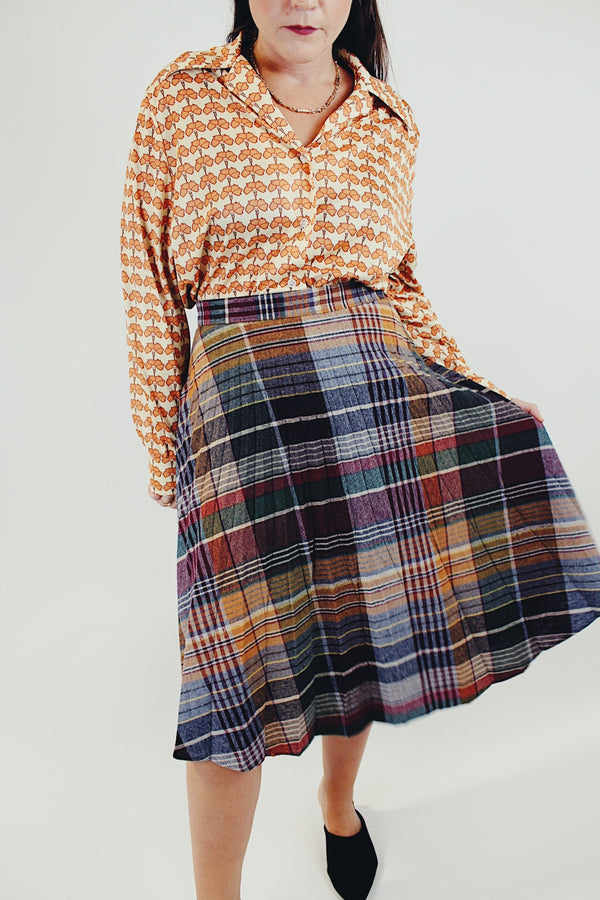 vintage high waist wool plaid skirt front