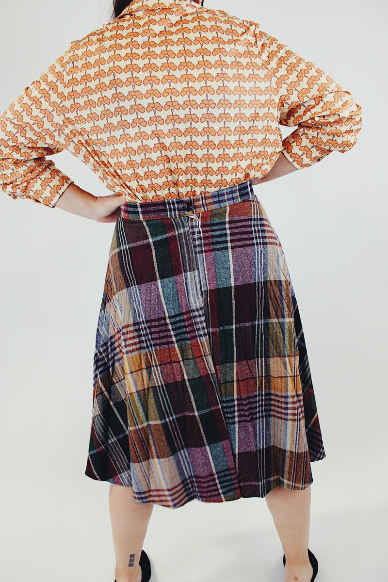 vintage high waist wool plaid skirt back