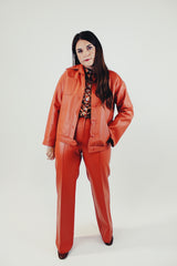vintage pleather two piece set in burnt orange includes button up collared jacket and high waist pants front