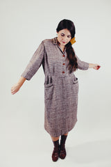 1940's brown linen midi dress with front buttons and pockets front