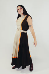 vintage sleeveless pleated dress with small mock neck and matching belt in beige, brown, and orange side
