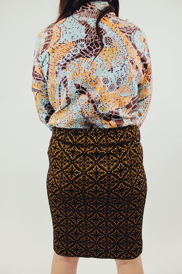 high waist vintage midi skirt in a brown and orange baroque print elastic waistband back