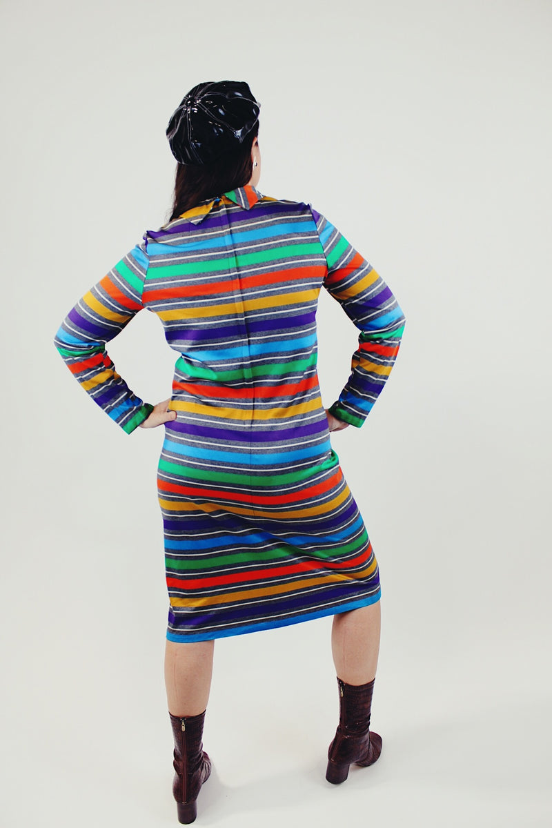 Vintage multi colored striped long sleeve midi dress with mock neck back