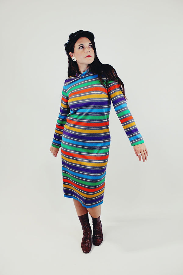 Vintage multi colored striped long sleeve midi dress with mock neck front