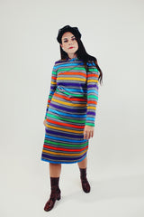 Vintage multi colored striped long sleeve midi dress with mock neck front