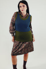 Vintage green and blue knitted long length sweater vest front