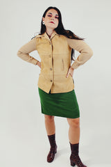 tan colored vintage suede front lightweight jacket with gold snapper buttons front