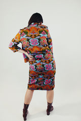 vintage multi colored baroque printed set with cropped jacket and high waisted midi skirt back