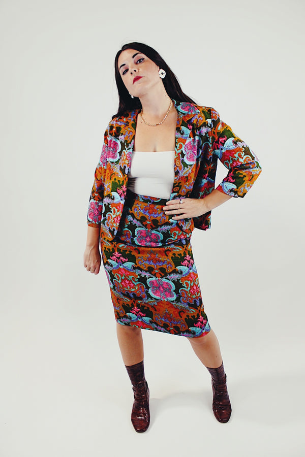 vintage multi colored baroque printed set with cropped jacket and high waisted midi skirt front