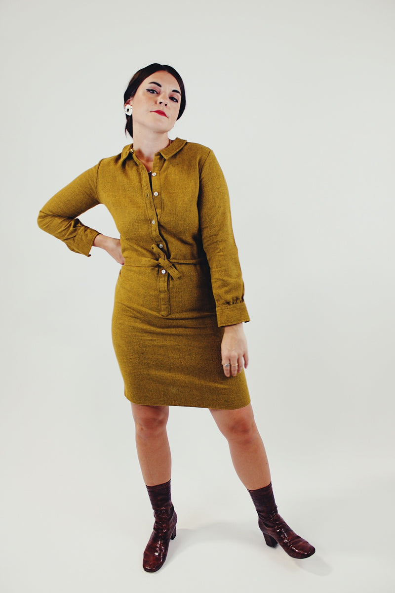 vintage long sleeve mustard wool shirt dress front