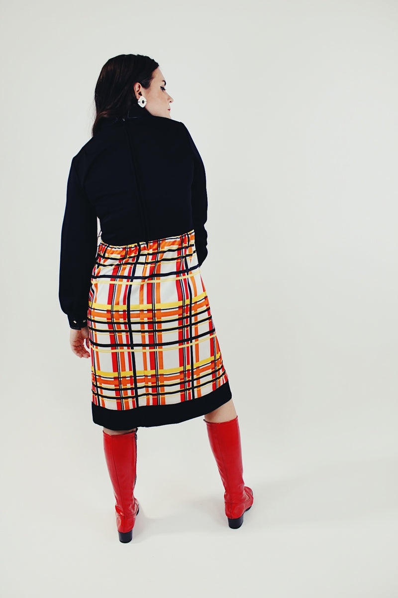 long sleeve midi length vintage dress twofer black with orange yellow and red plaid print bottom button up with collar back