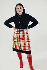 long sleeve midi length vintage dress twofer black with orange yellow and red plaid print bottom button up with collar front
