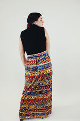 vintage slinky polyester sleeves dress with button up top in black and printed bottom skirt with matching belt back