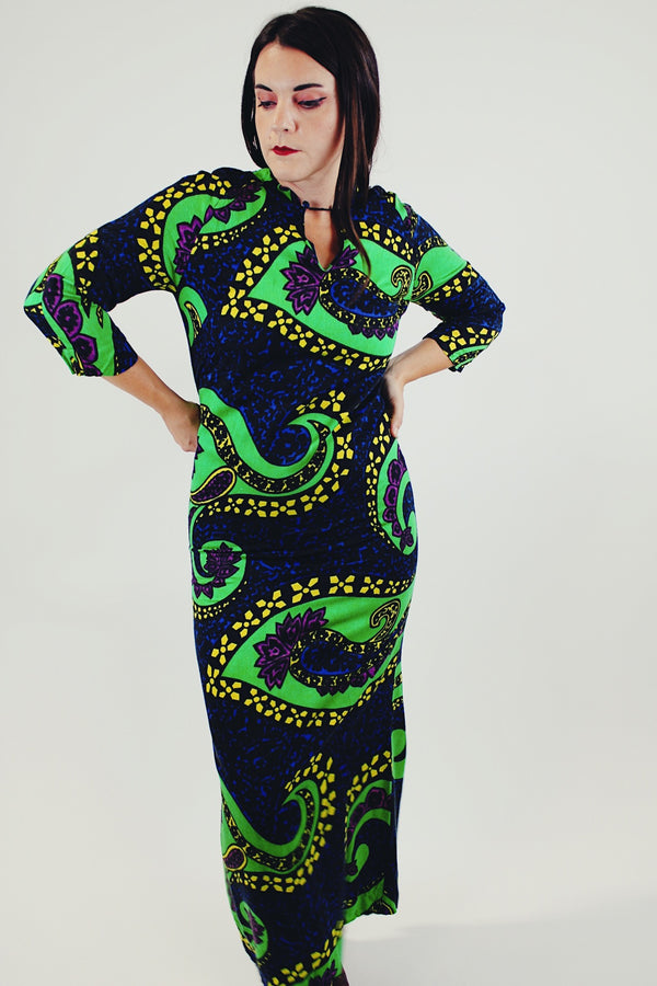 3/4 length sleeve green blue purple and yellow big paisley print long dress with mandarin collar front