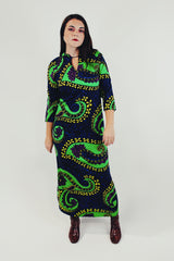3/4 length sleeve green blue purple and yellow big paisley print long dress with mandarin collar front