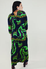 3/4 length sleeve green blue purple and yellow big paisley print long dress with mandarin collar back