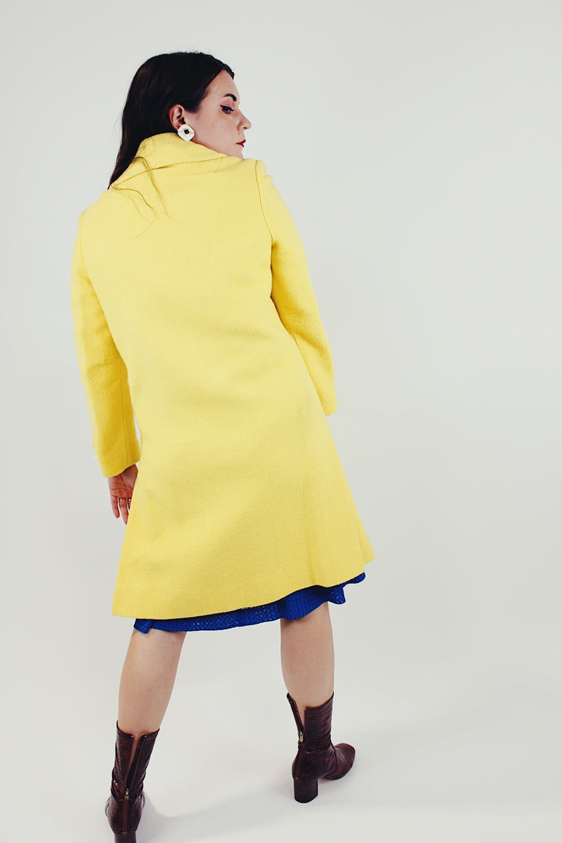 Vintage canary yellow wool pea coat knee length back