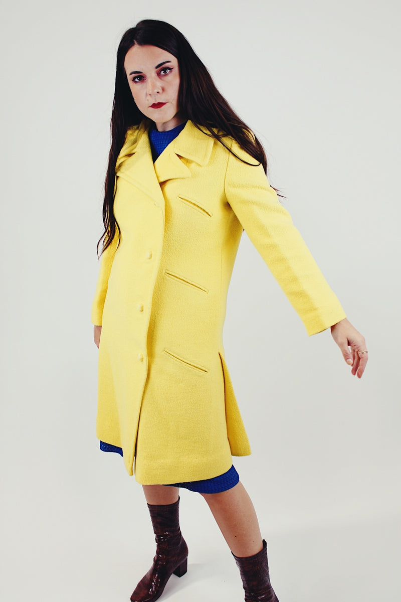 Vintage canary yellow wool pea coat knee length front