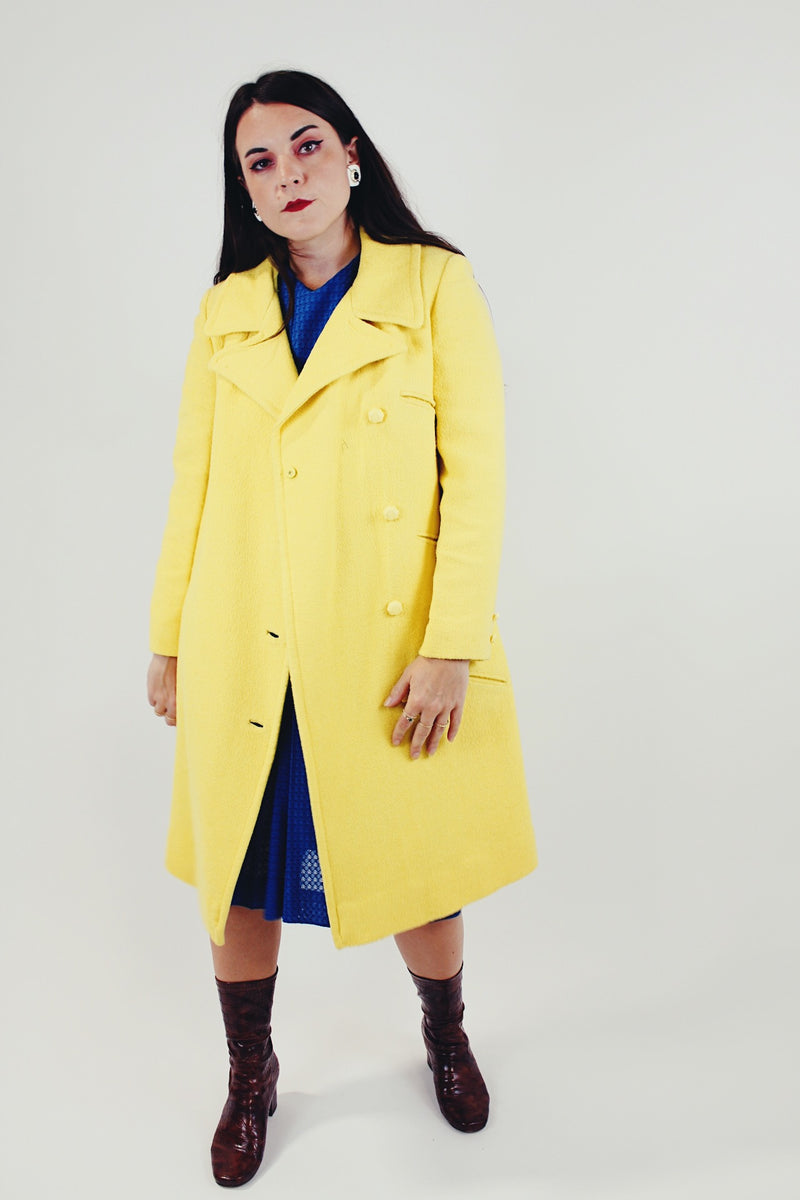 Vintage canary yellow wool pea coat knee length front