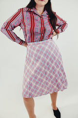 vintage high waist wool skirt with light pink, blue and white plaid print front 
