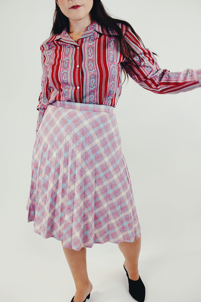 vintage high waist wool skirt with light pink, blue and white plaid print front 