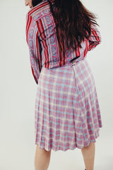 vintage high waist wool skirt with light pink, blue and white plaid print back