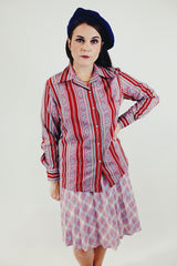 vintage long sleeve button up blouse with red and pink stripes front