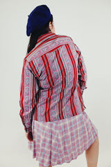 vintage long sleeve button up blouse with red and pink stripes back