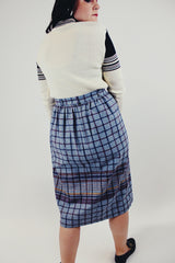 vintage high waist wool skirt grey with maroon and navy stripes throughout back