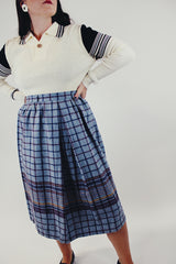 vintage high waist wool skirt grey with maroon and navy stripes throughout front