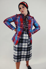 Vintage red and blue plaid printed blazer with two red button front closure
