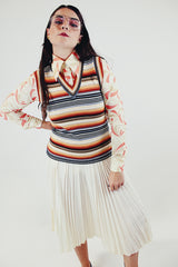 vintage sleeveless striped women's sweater vest with v-neck multi colored stripes front