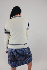 vintage cream long sleeve pullover sweater with collar and one button closure navy and maroon stripes back