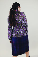 vintage long sleeve purple paisley printed blouse with mock neck and chest key hole back