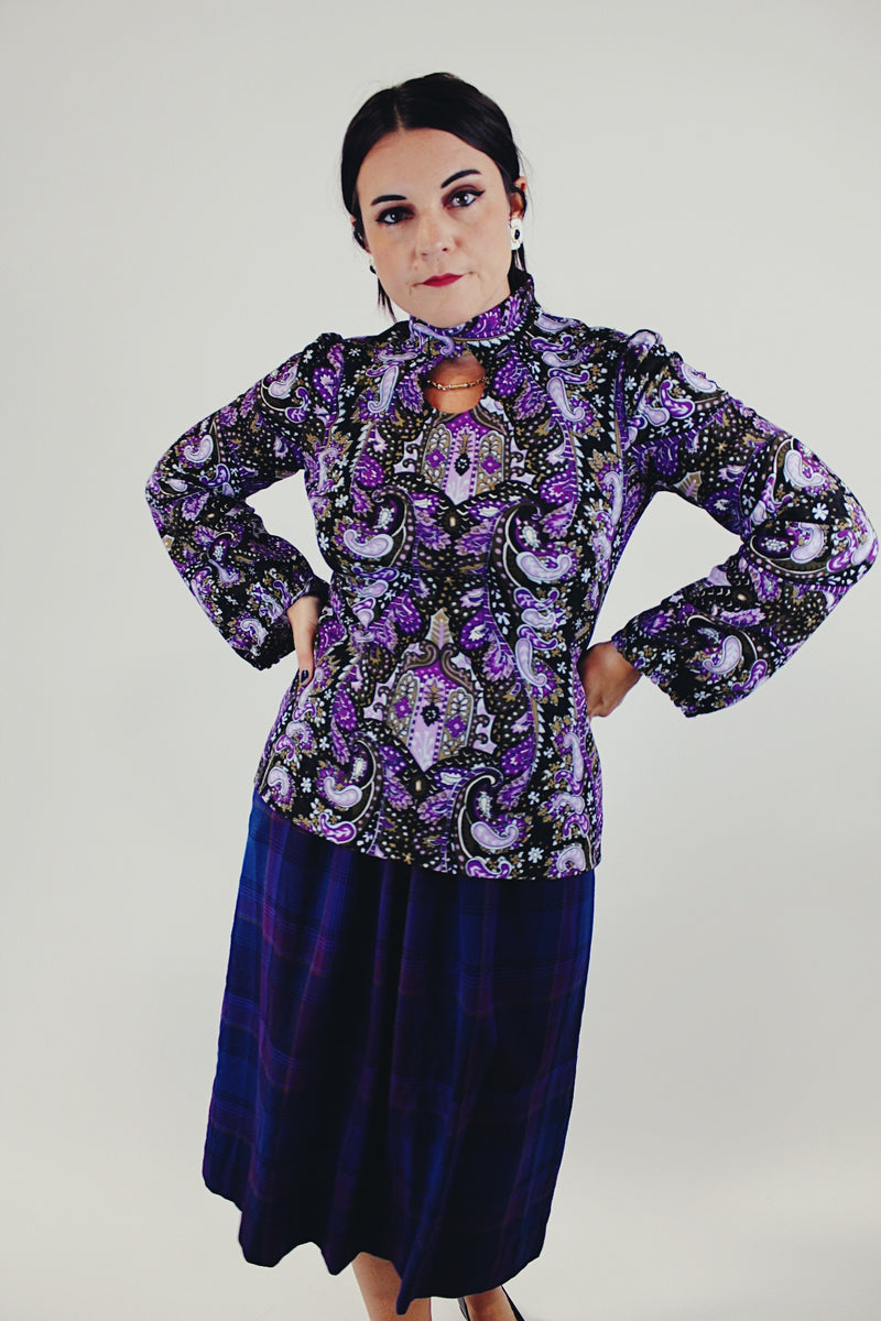 vintage long sleeve purple paisley printed blouse with mock neck and chest key hole front