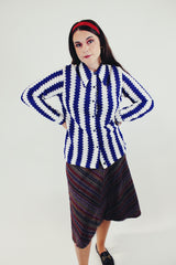 vintage blue and white zig zag print long sleeve button up blouse with pointy collar front