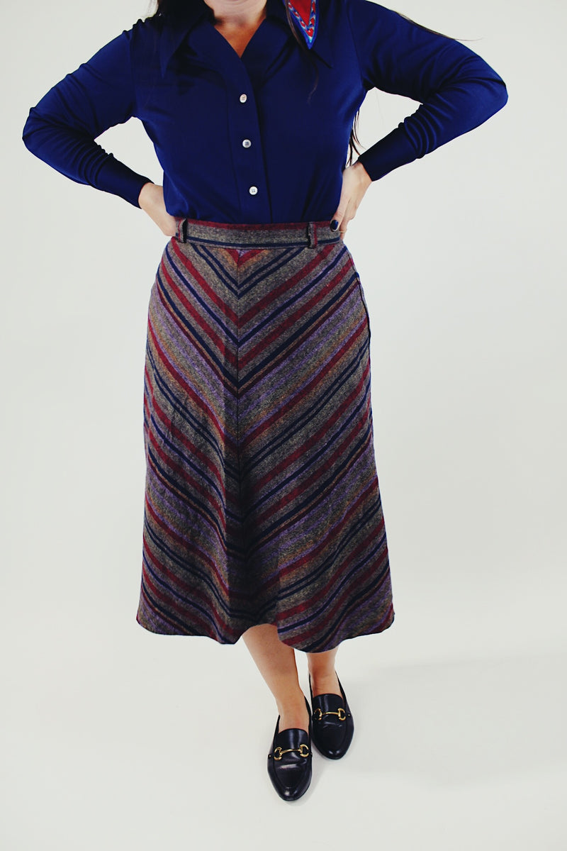 vintage high waist wool skirt with stripes grey maroon and navy front