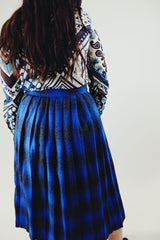 vintage long blue and grey plaid printed wool skirt hight waisted back
