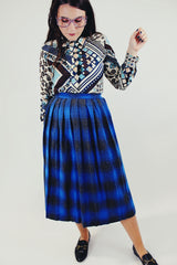 vintage long blue and grey plaid printed wool skirt hight waisted front 