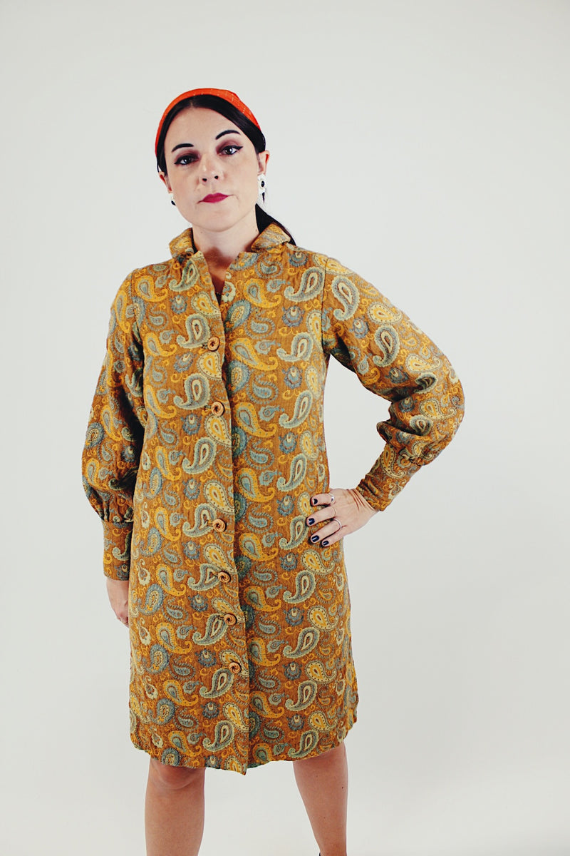 Long Sleeve vintage mustard yellow printed shirt dress wooden buttons back