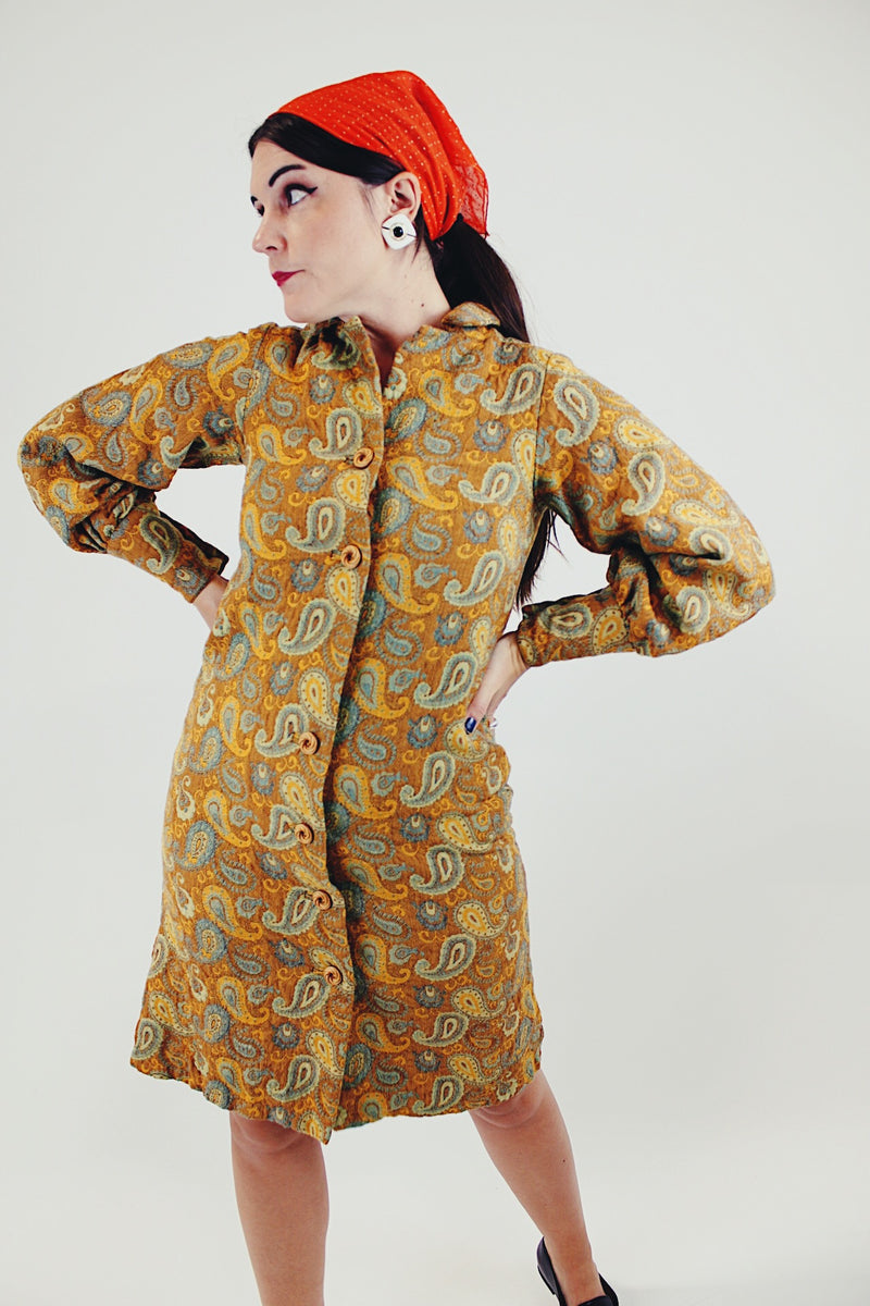 Long Sleeve vintage mustard yellow printed shirt dress wooden buttons front